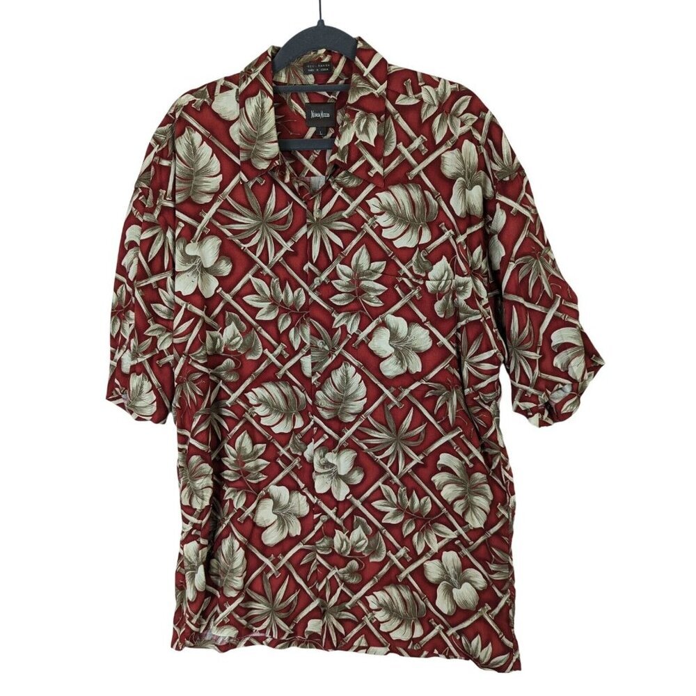 Vintage 90s Neiman Marcus Men size L Red Tropical Leaf Palm Tree Hawaiian Shirt